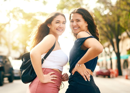 Girl friends, portrait and city for adventure walk, travel and bonding together in Miami park....