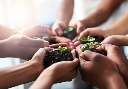 Hands, people and care with soil for plant growth of environment, earth day and teamwork goal of nature. Volunteer, leaves and support with ngo investing, sustainable and fertilizer project of futureの写真素材