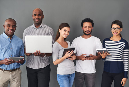 Portrait, row and people with tech in studio for job interview, recruitment process and hr of hiring...