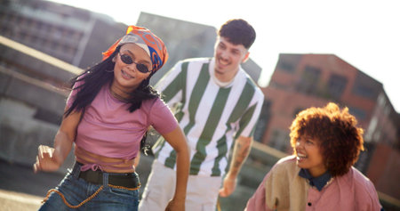 Happy, group and friends for dancing outdoor with movement, creative rhythm and hip hop performance....
