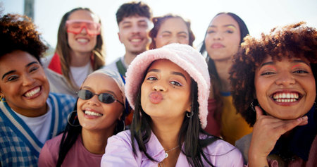 Friends, selfie and gen z diversity for social media, internet and photography with cool trendy...