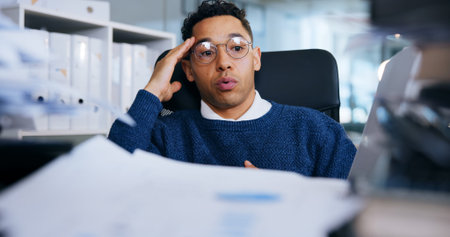 Business man, stress and documents in office for project deadline, brain fog and frustrated with...