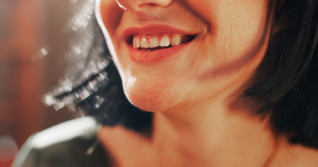 Smile, closeup and woman with mouth, teeth and drug abuse with narcotics, symptoms and results....