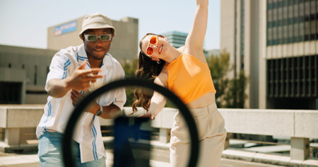 Influencer, couple and dancing on vlog, online and fun with talent, live streaming and...