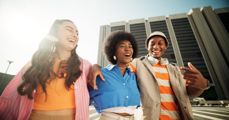 Outdoor, friends and happy for fashion in city for style, street wear and outfit in New York. Urban,...