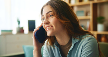 House, phone call and woman with smile, conversation and relax with discussion, talking and network....