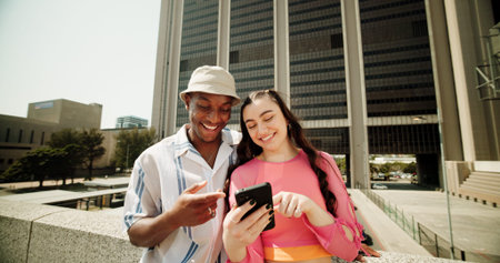 Phone, social media and show with people in city for networking, communication and streaming. Post,...