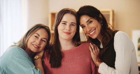 Happy, generations and portrait of women in home with hugging for love, family and bonding. Smile,...