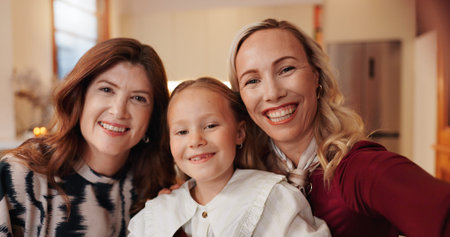 Grandmother, child and mother in selfie portrait on couch with happiness, love and support in home....