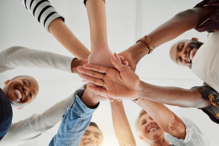 Fashion, designers and hands of people in huddle for mission, support and startup together....