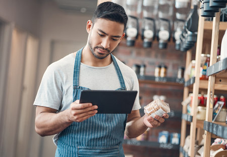 Man, waiter and coffee shop with tablet, inventory and quality control for small business or bistro....