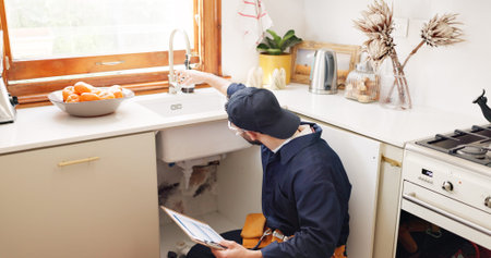 Plumber, house and handyman with clipboard, maintenance and service with expert. Employee,...