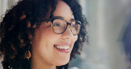 Business, thinking and woman with glasses, ideas and thoughts with window, contemplation and smile....