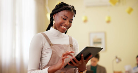 Tablet, research and business with black woman in office for planning, productivity report or...