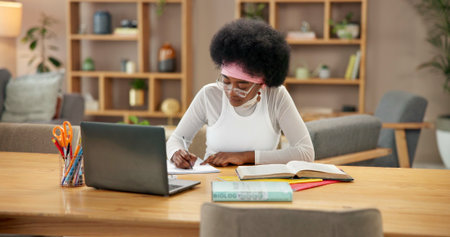 Student, laptop and learning in home for university, online course and research project with writing...