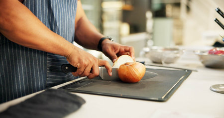 Hands, cooking and meal prep in kitchen, chopping and vegetables in hospitality, food and planning...