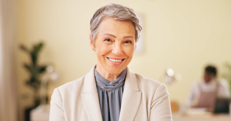 Office, mature woman and portrait with smile for professional career, leadership and creative...