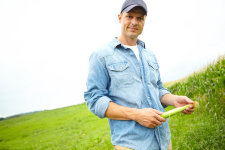 Man, agriculture and portrait with maize crop for growth, development or quality assurance in countryside. Person, farmer and corn production on field for check, inspection or vegetables in Argentinaの写真素材