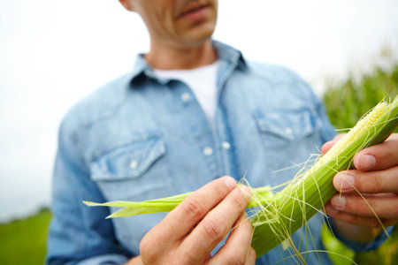 Farming, harvesting and man with corn for quality check, inspection and fresh produce in...