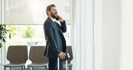 Phone call, laughing and business man in airport lounge for networking event, global conference or...