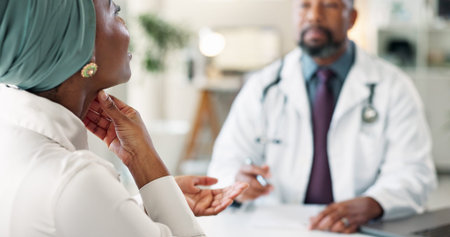Black woman, doctor or patient with throat infection for consultation or swollen lymph nodes at...