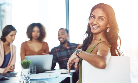 Confidence, portrait and happy woman in creative meeting with smile, business planning and office...