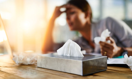 Woman, office and tissue box with sick, headache and flu illness at work with professional at desk. Laptop, sinus problem and allergy of employee with cold, virus or hay fever with tech and painの写真素材
