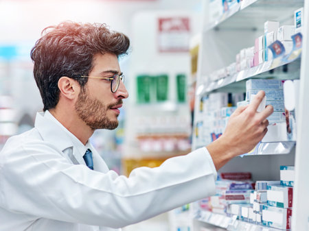 Pharmacist, reading medicine and man in pharmacy while working in store for retail career. Male person in pharmaceutical or medical industry for service, healthcare and inventory check on shelfの写真素材