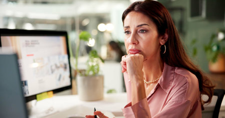 Designer, computer and business woman with drawing, thinking and creative training on screen in startup. Brainstorming, online search and artist with project, proposal and research for internet newsの写真素材