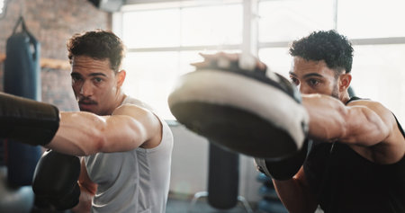 Men, personal trainer or boxer with practice at gym for training, exercise or workout together. Male...