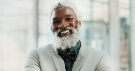 Business, black man and happy on portrait at office as ceo for real estate company as property developer. Mature person, corporate and smile in confidence for investment opportunity with prideの写真素材