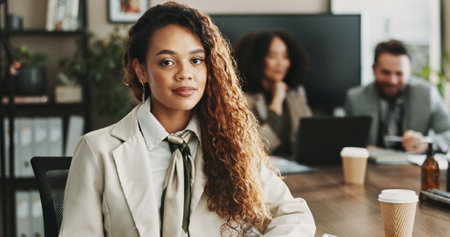 Leadership, management and portrait of business woman in boardroom with colleagues for planning. About us, corporate and meeting with African manager in professional workplace for career developmentの写真素材