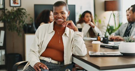 Leadership, portrait and smile of business woman in boardroom with colleagues for planning. About us, corporate and meeting with happy manager in professional workplace for career developmentの写真素材