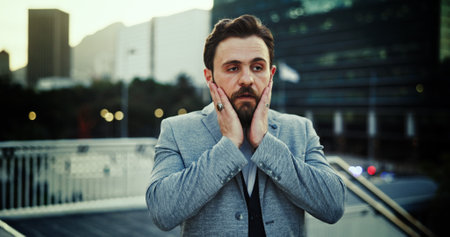 Business man, burnout and walking in city for investment mistake, project deadline and corporate crisis. Employee, anxiety and commute in urban town for bad news, bankruptcy and headache with stressの写真素材