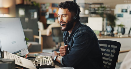 Headset, tech support and happy man in office with discussion, online help and website advice....
