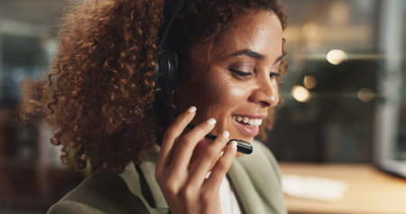 Happy woman, call center consultant and microphone for telemarketing, support or business. Help,...