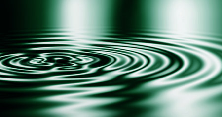 Waves, ripple and green with liquid, pattern and background for digital 3d texture. Environment, reflection and futuristic with abstract, water and art deco for dynamic flow and visual light glowの写真素材