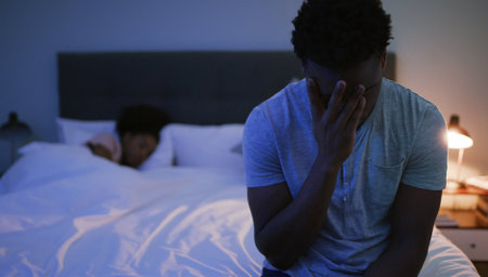 Black couple, night or bed with stress for breakup, divorce or cheating affair at home. African, man and woman in bedroom or late evening with mistake for argument, conflict or disagreement at houseの写真素材