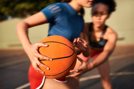 Women, hands and basketball with motion for play, movement or sport objective on outdoor court. Closeup, female people or opposing team with touch or defense for ball, match or game on pitch or turfの写真素材