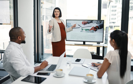 Presentation, pregnancy and businesswoman in office with meeting for finance revenue statistics....