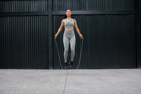 Athlete, woman and jumping with rope outdoor for fitness, sports training and energy of health workout. Active, girl and leap with cardio performance, endurance exercise and competition practiceの写真素材