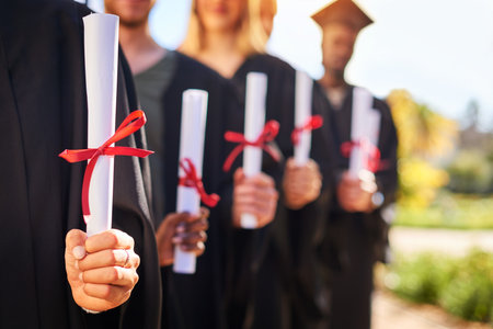 Students, row or hands with certificate for graduation, qualification or diploma together at university. Closeup, group or graduates in line with degree or red ribbon for academic milestone on campusの写真素材