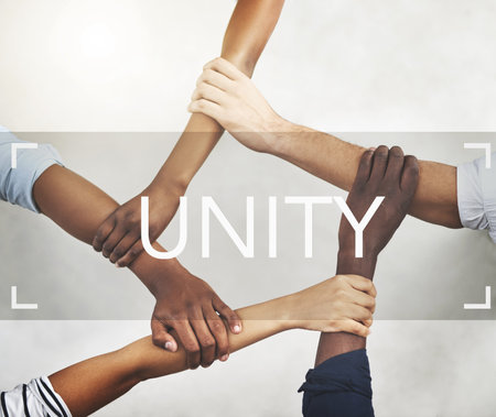 Hands, business and people with unity in office of problem solving, collaboration and creative integration. Staff, support and team building with overlay for synergy, inclusion and project agreementの写真素材