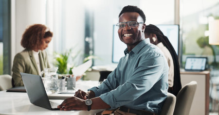 Thinking, smile and black man with laptop in business office for vision, solution or idea in...