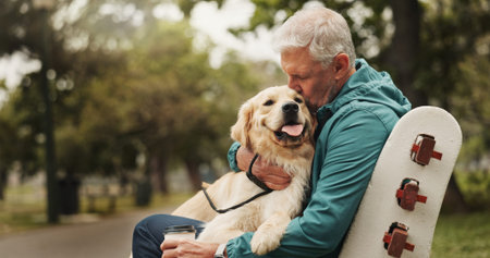 Park, senior man and dog with kiss for bonding, walking break and companion in retirement outdoor....