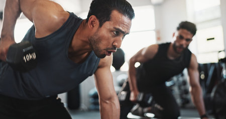 Fitness, bodybuilder and men in gym with weights for intense training, exercise and workout. Sports,...