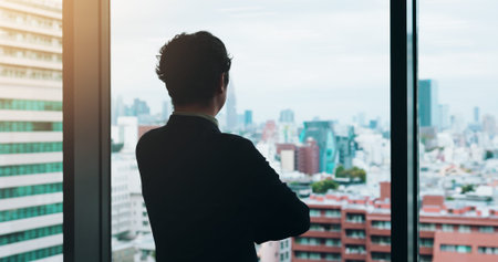 Back, thinking and businessman in office, buildings and planning for investment, trader and glass....
