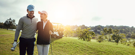 Golf, happy and couple with hug on field together for leisure, hobby or sports activity. Grass,...