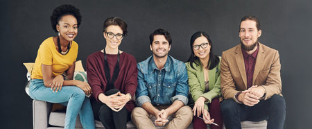 Studio, portrait and diversity of group, creative and smile for collaboration and entertainment...
