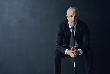 Mockup space, serious and portrait of businessman in studio with confidence for legal career. Pride,...